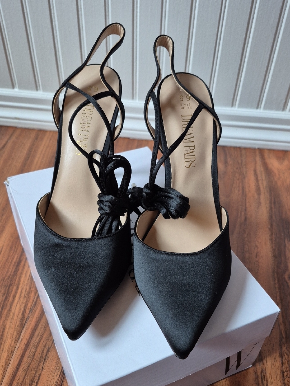 Dream Pairs Black Satin Pointed Toe Lace-Up Slingback Pumps